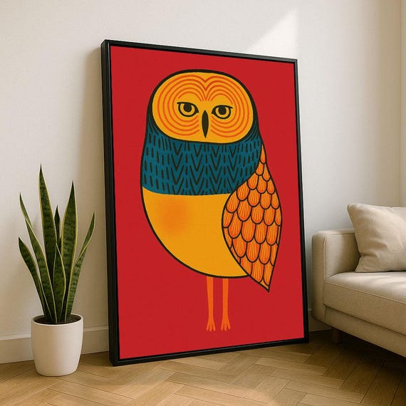 Colorful Owl Illustration Canvas Wall Art Print Modern Living Room Decor Statement Piece