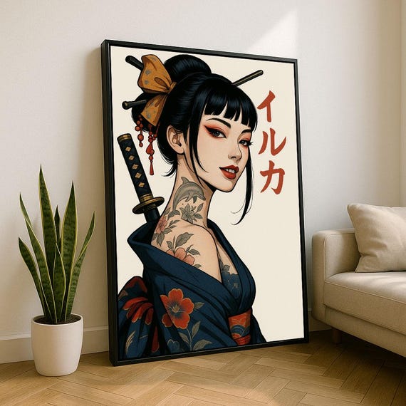 Elegant Japanese Geisha Canvas Wall Art Print Bold Bedroom Decor Statement Piece