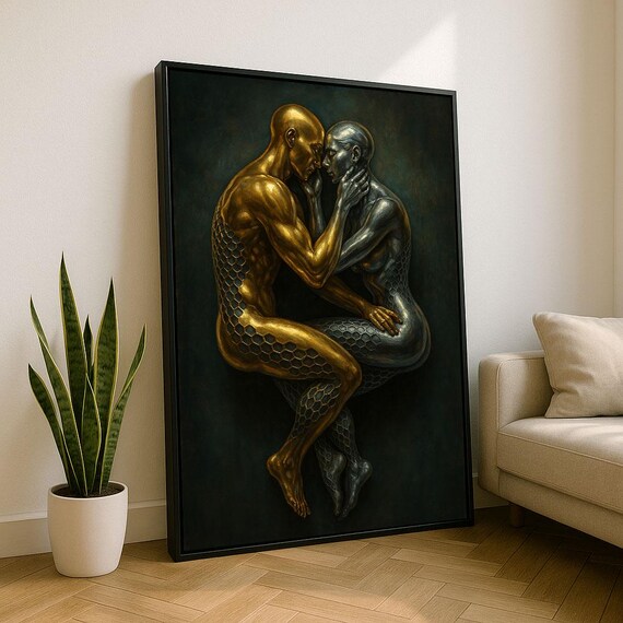 Elegant Gold And Silver Figures Embrace Modern Romance Sculpture Poster