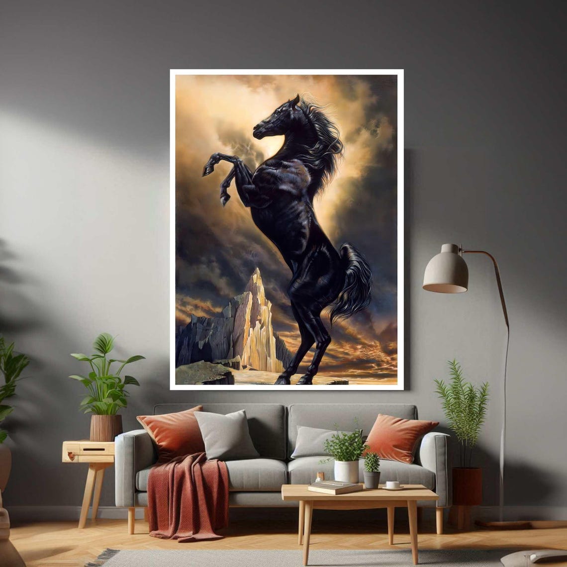 Rearing Black Stallion Against Dramatic Stormy Sky Art Poster