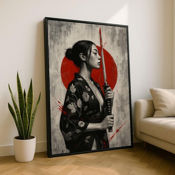 Elegant Samurai Woman Canvas Wall Art Print Red And Grey Living Room Decor Statement Piece