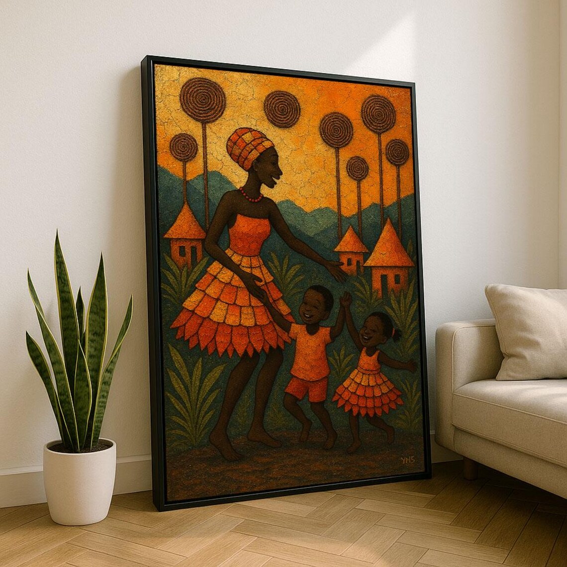 African Family Celebration Dance Village Warm Textured Art Poster
