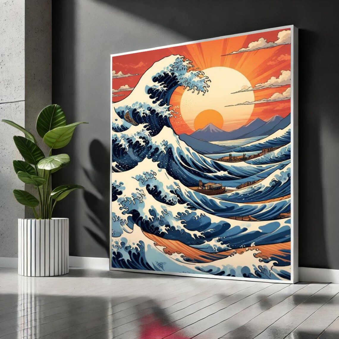 The Great Wave Red Sunset Mount Fuji Fishing Boats Japanese Art Poster