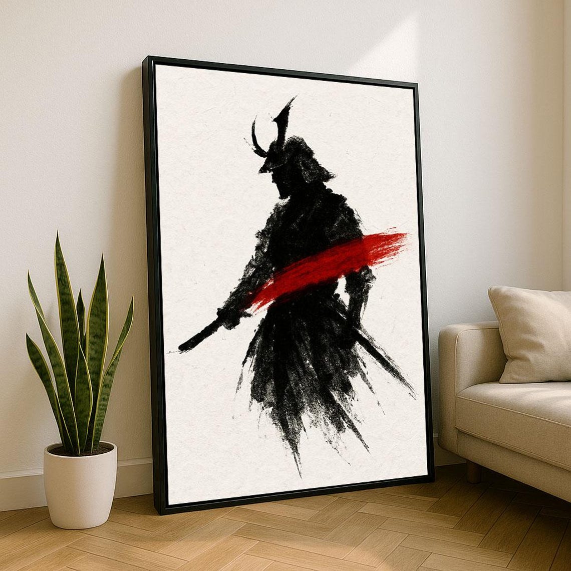 Sumi E Samurai Silhouette Profile Horned Helmet Red Ink Poster