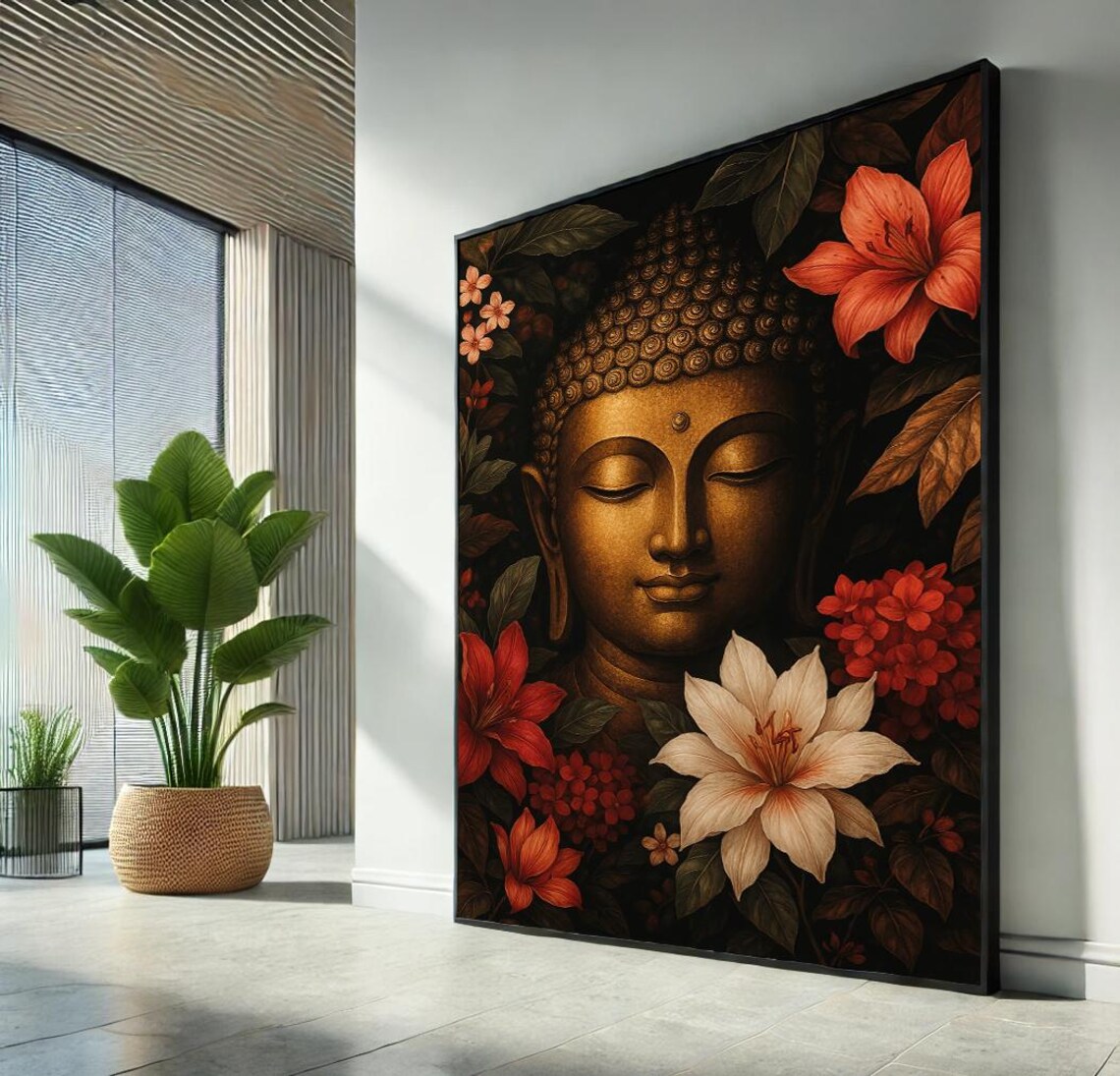 Golden Buddha with Red Lilies Dark Botanical Zen Spiritual Art Poster
