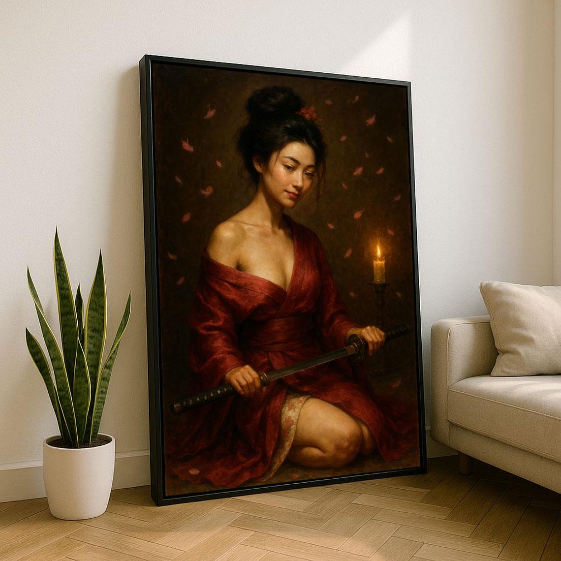 Kneeling Geisha In Red Kimono Petals Falling Candlelight Katana Poster