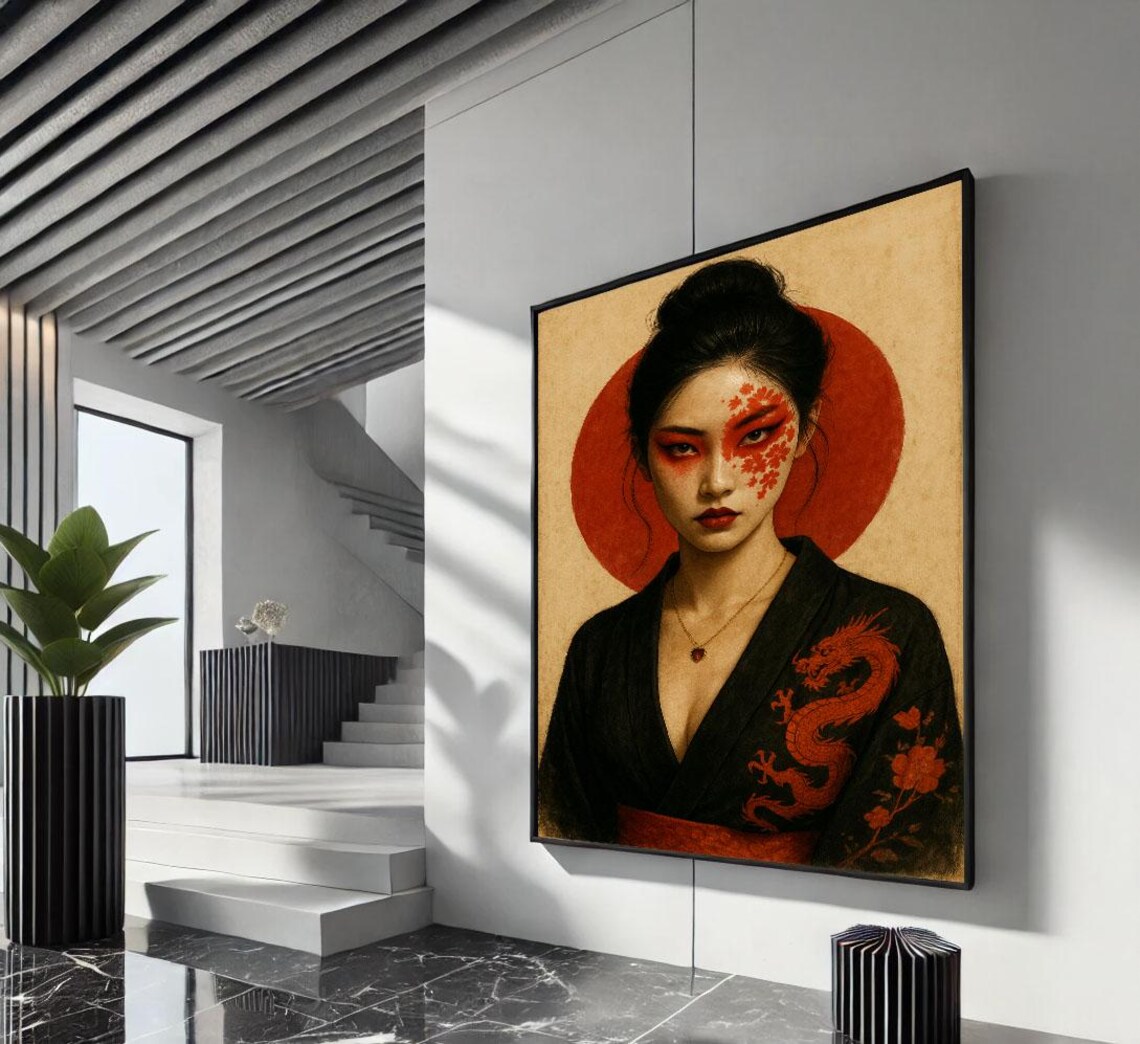 Japanese Woman With Red Dragon Black Kimono Red Sun Art Poster