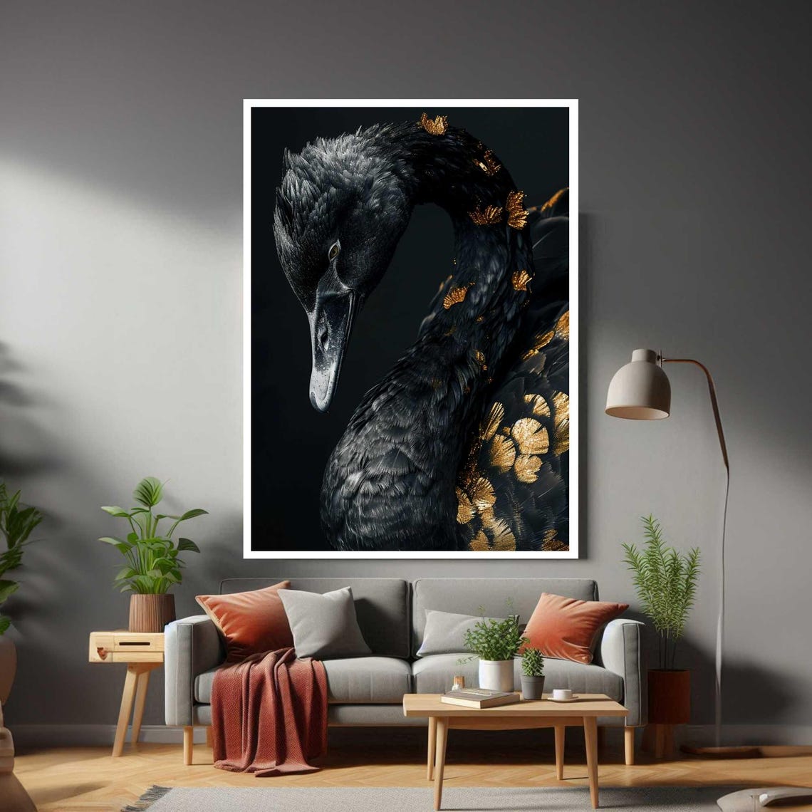 Black Swan Gold Leaf Feathers Elegant Dark Wildlife Artistic Poster