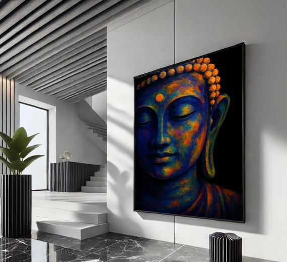 Vibrant Painted Buddha Face Blue And Orange Splash Art Poster