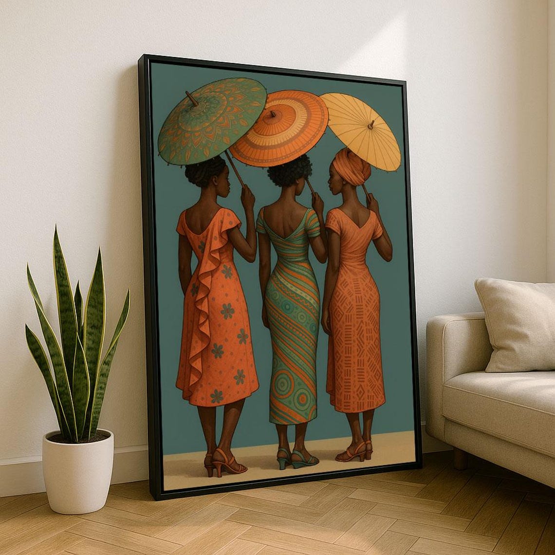 Elegant African Women With Umbrellas Canvas Wall Art Print Modern Living Room Decor Statement Piece