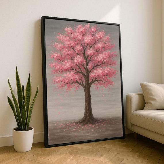 Serene Cherry Blossom Tree Canvas Wall Art Print Pink Floral Living Room Decor Statement Piece