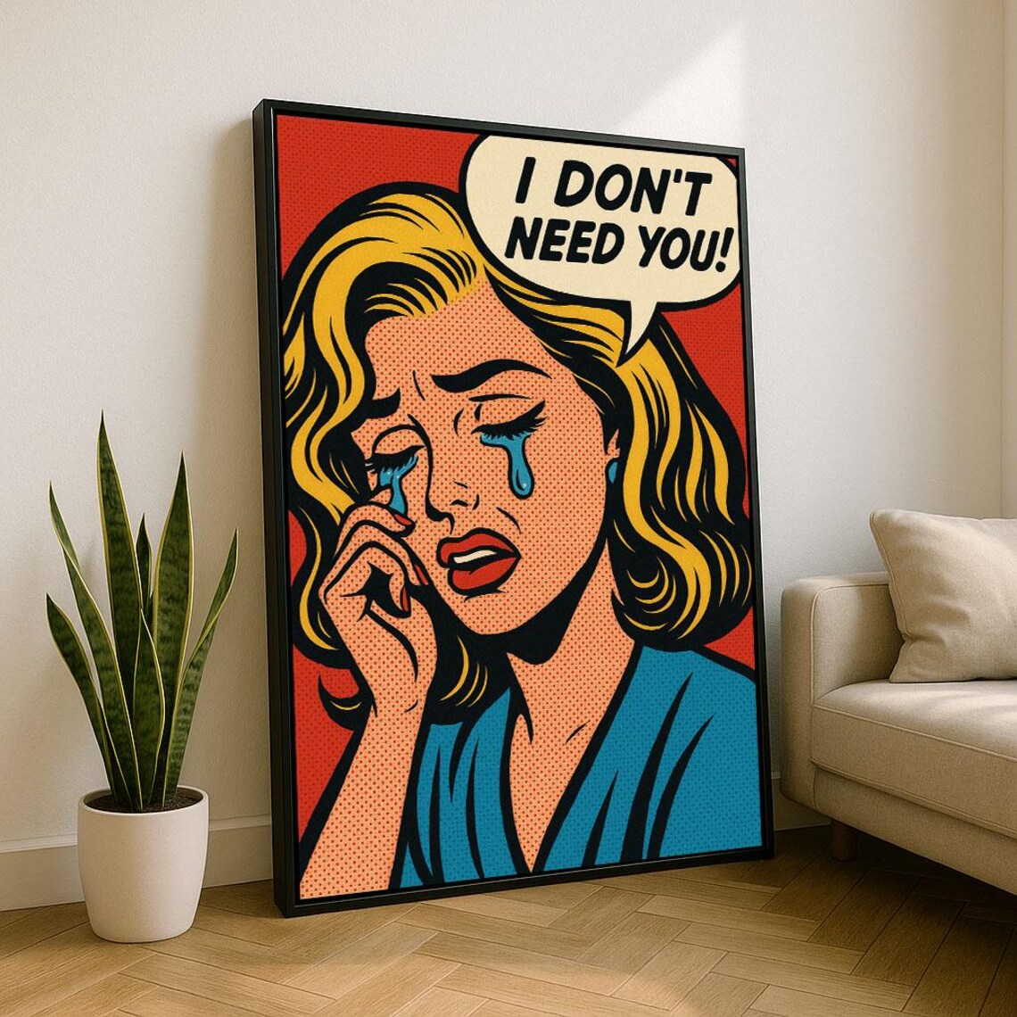 Vibrant Pop Art Crying Woman Canvas Wall Print Red Blue Living Room Decor Statement Piece