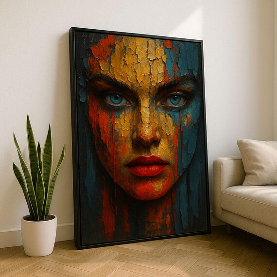Cracked Paint Woman Face Blue Eyes Bold Impasto Art Portrait Poster