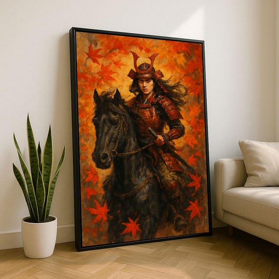 Bold Samurai Warrior On Horse Canvas Wall Art Print Vibrant Living Room Decor Statement Piece