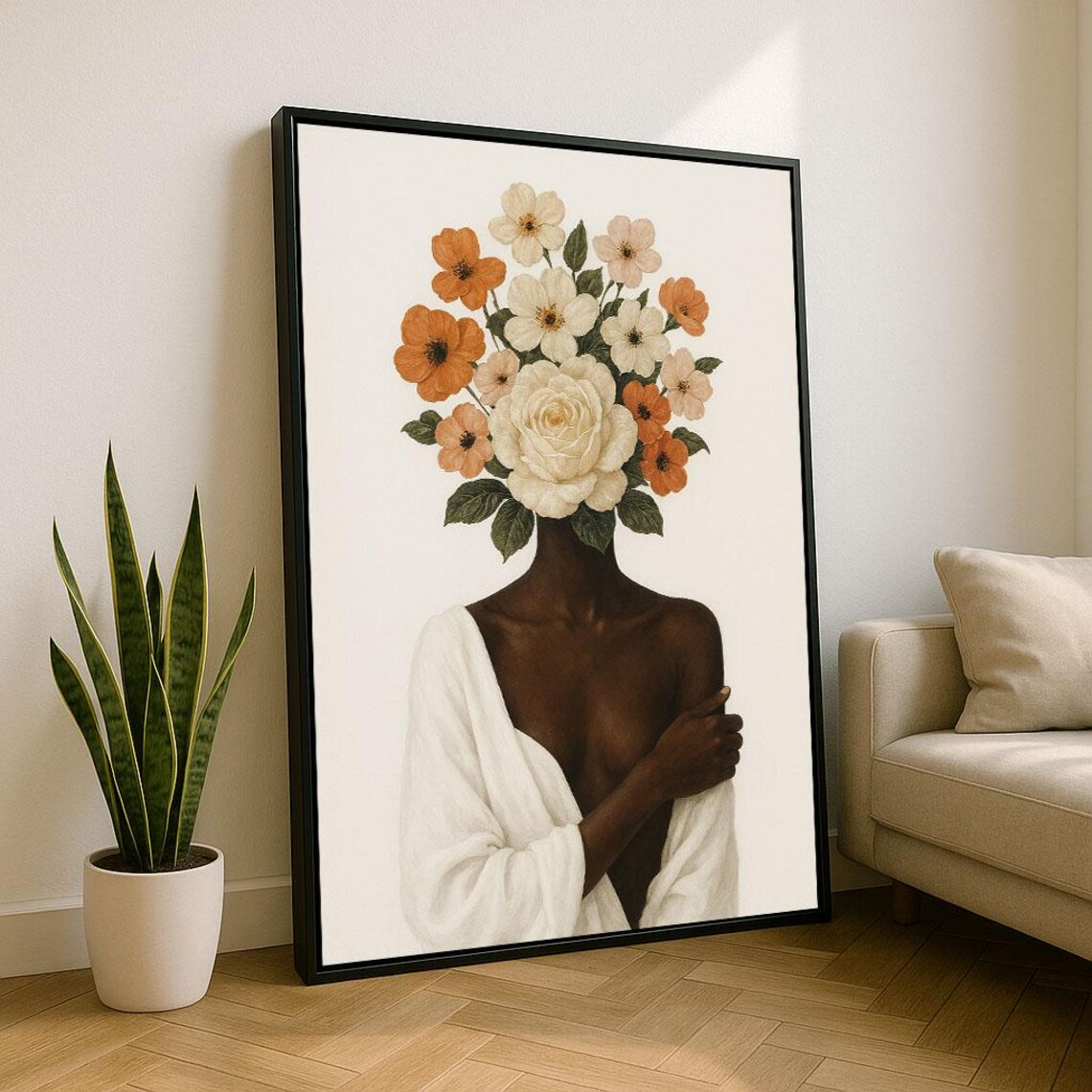 Elegant Floral Head Woman Portrait Cream Orange Blooms Wall Art