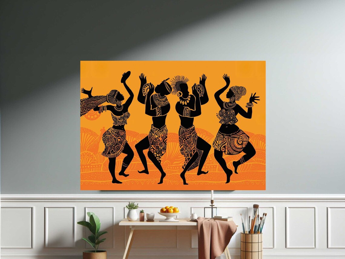 African Dancers Silhouette Orange Tribal Dance Celebration Art Poster