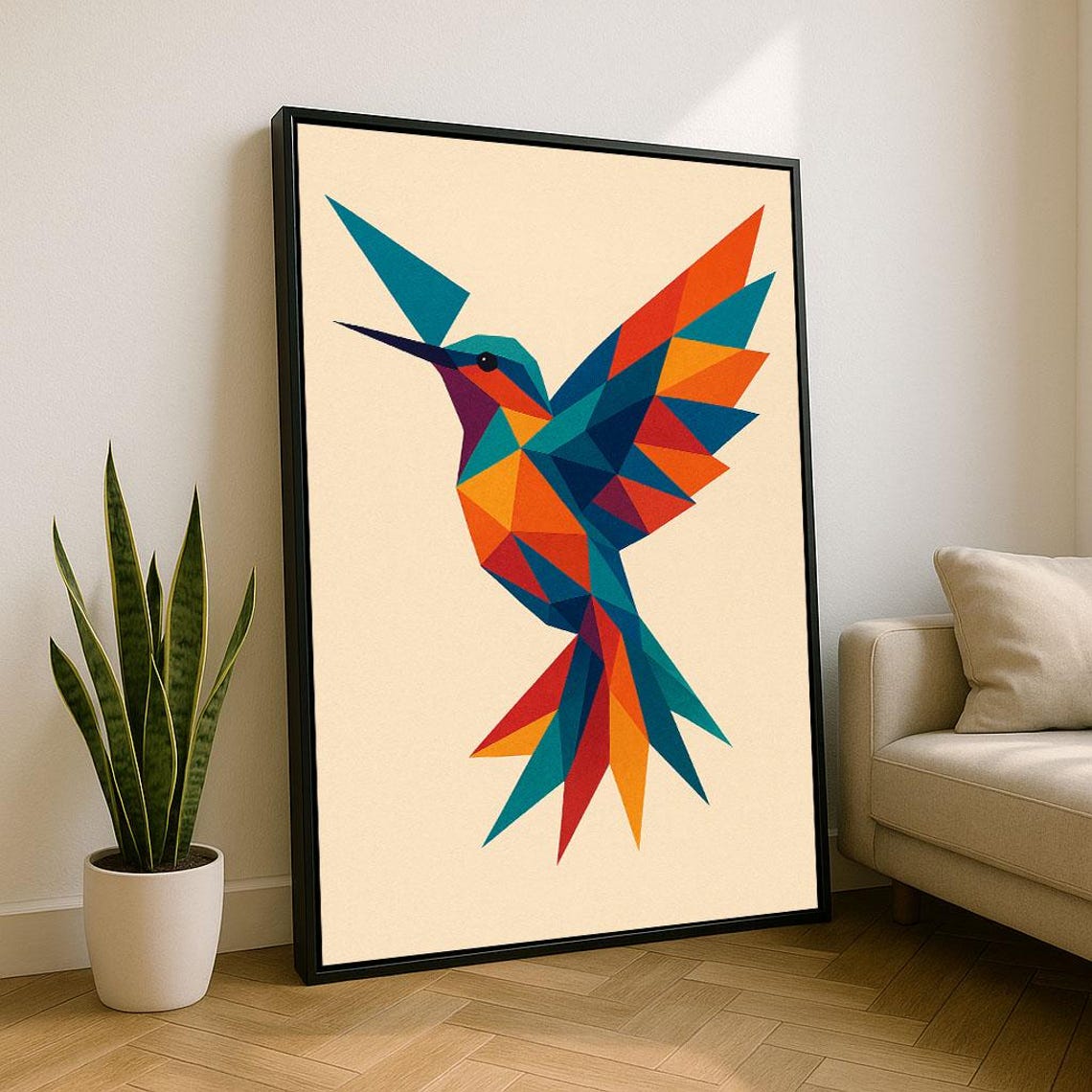 Geometric Hummingbird In Flight Colorful Polygon Bird Poster
