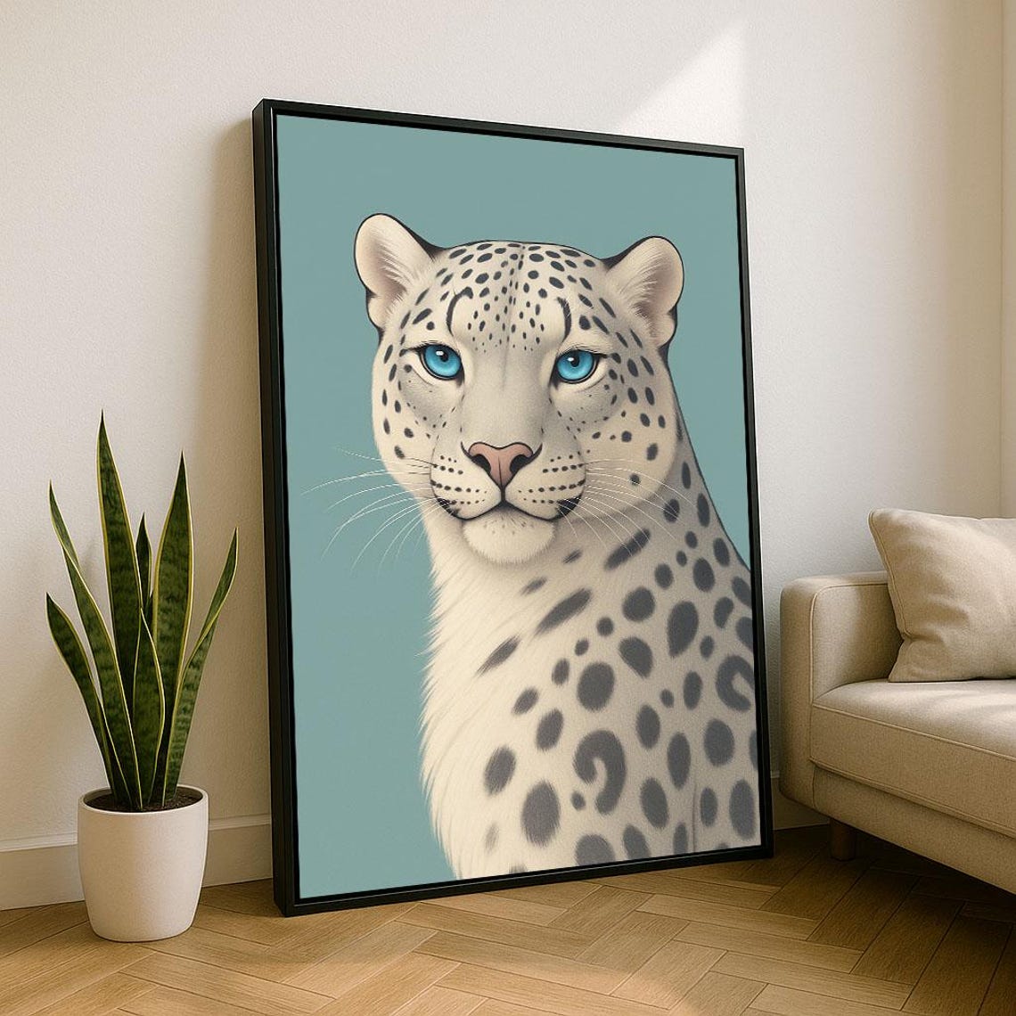 Elegant Snow Leopard Portrait Canvas Wall Art Print Modern Living Room Decor Statement Piece