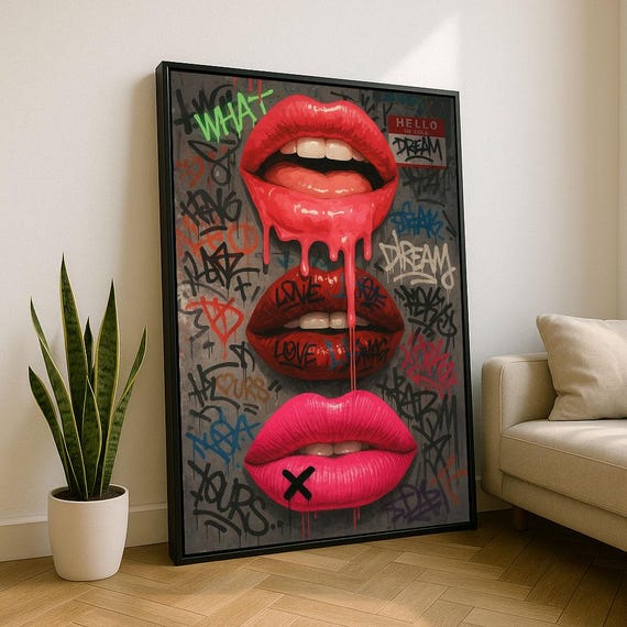 Bold Graffiti Lips Street Art Canvas Wall Print Red Urban Living Room Decor Statement Piece
