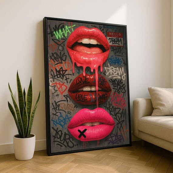Bold Red Graffiti Lips Trio Wild Urban Street Art Piece Poster