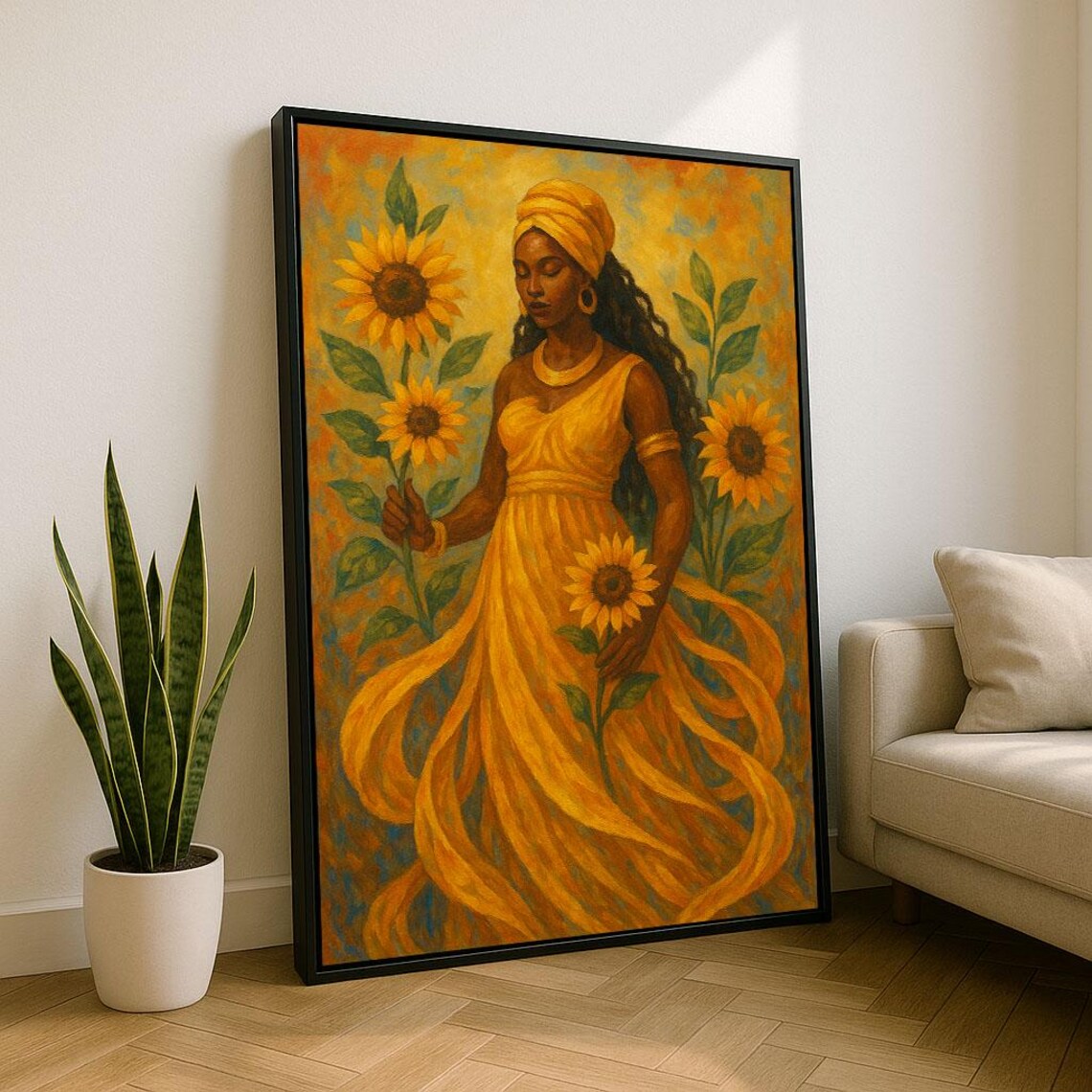Radiant African Woman In Gold Dress With Sunflowers Art Poster