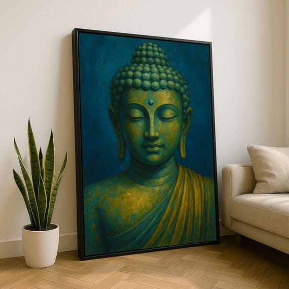 Serene Buddha Portrait Canvas Wall Art Print Blue And Gold Zen Living Room Decor Ready To Hang