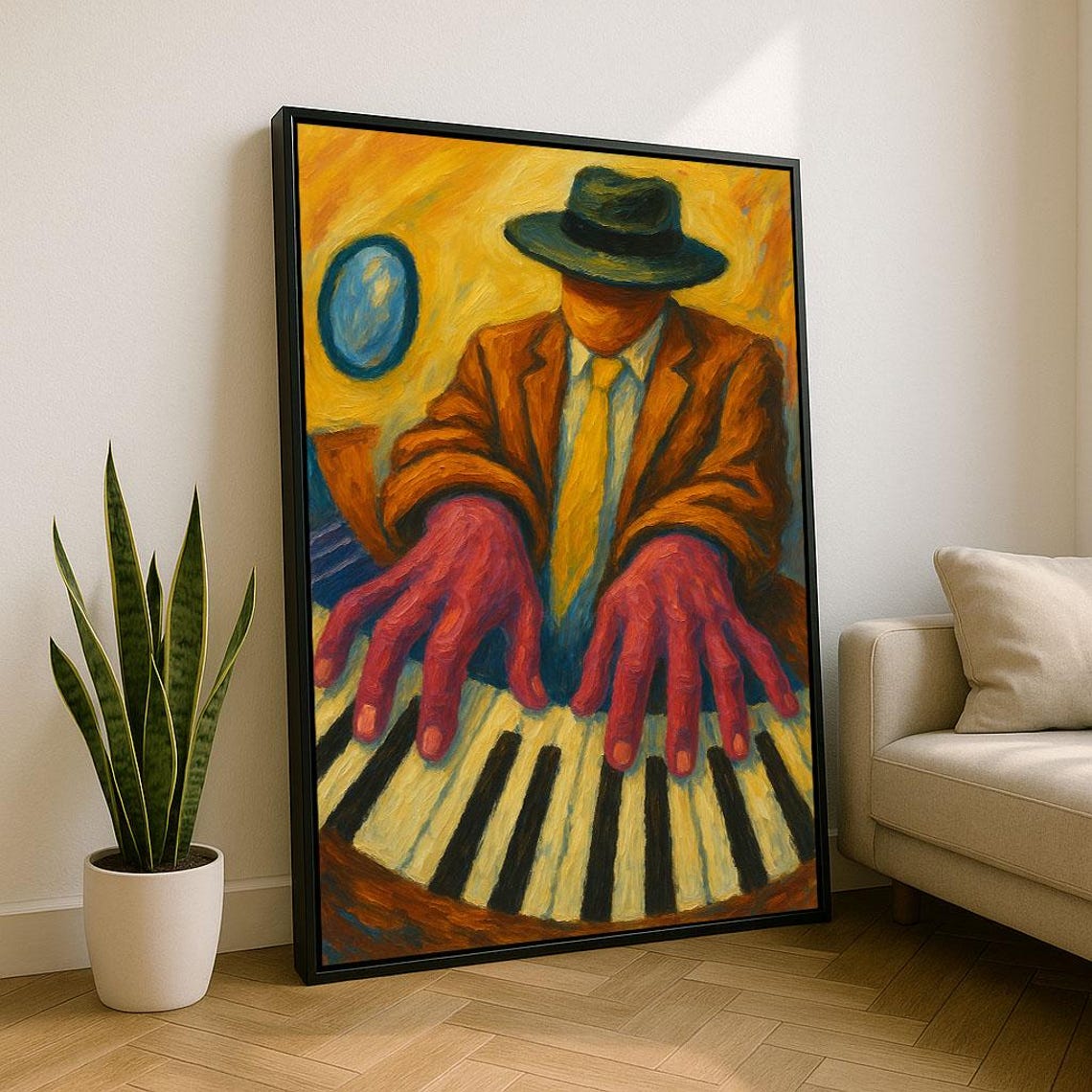 Expressive Jazz Pianist Fedora Orange Suit Piano Keys Music Art Poster