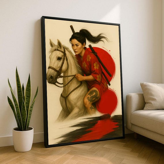 Bold Samurai Woman On Horse Canvas Wall Art Print Red Bedroom Decor Statement Piece