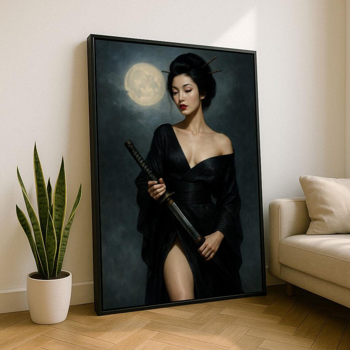 Moonlight Geisha Warrior Woman In Black Kimono Katana Poster