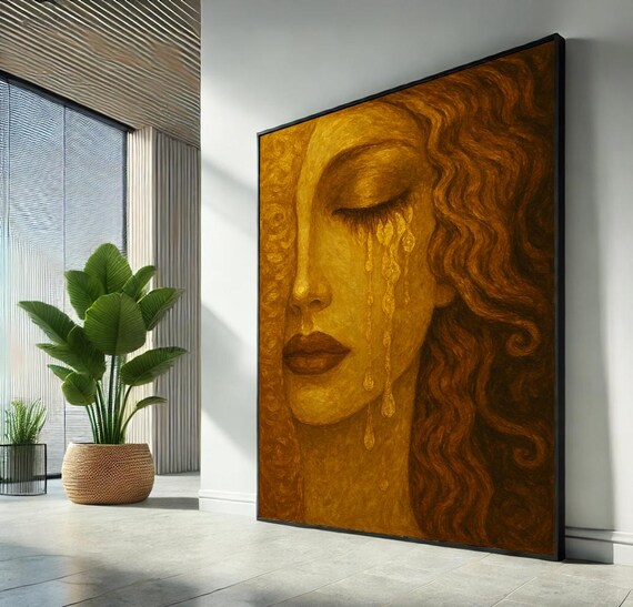 Golden Woman Face Canvas Emotional Art Wall Print Expressionist Portrait Decor Modern Gold Painting Home
