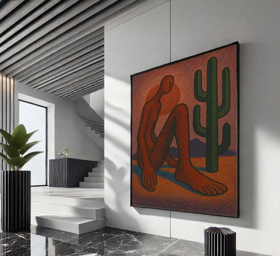 Bold Abstract Figure With Cactus Canvas Wall Art Print Earthy Living Room Decor Statement Piece