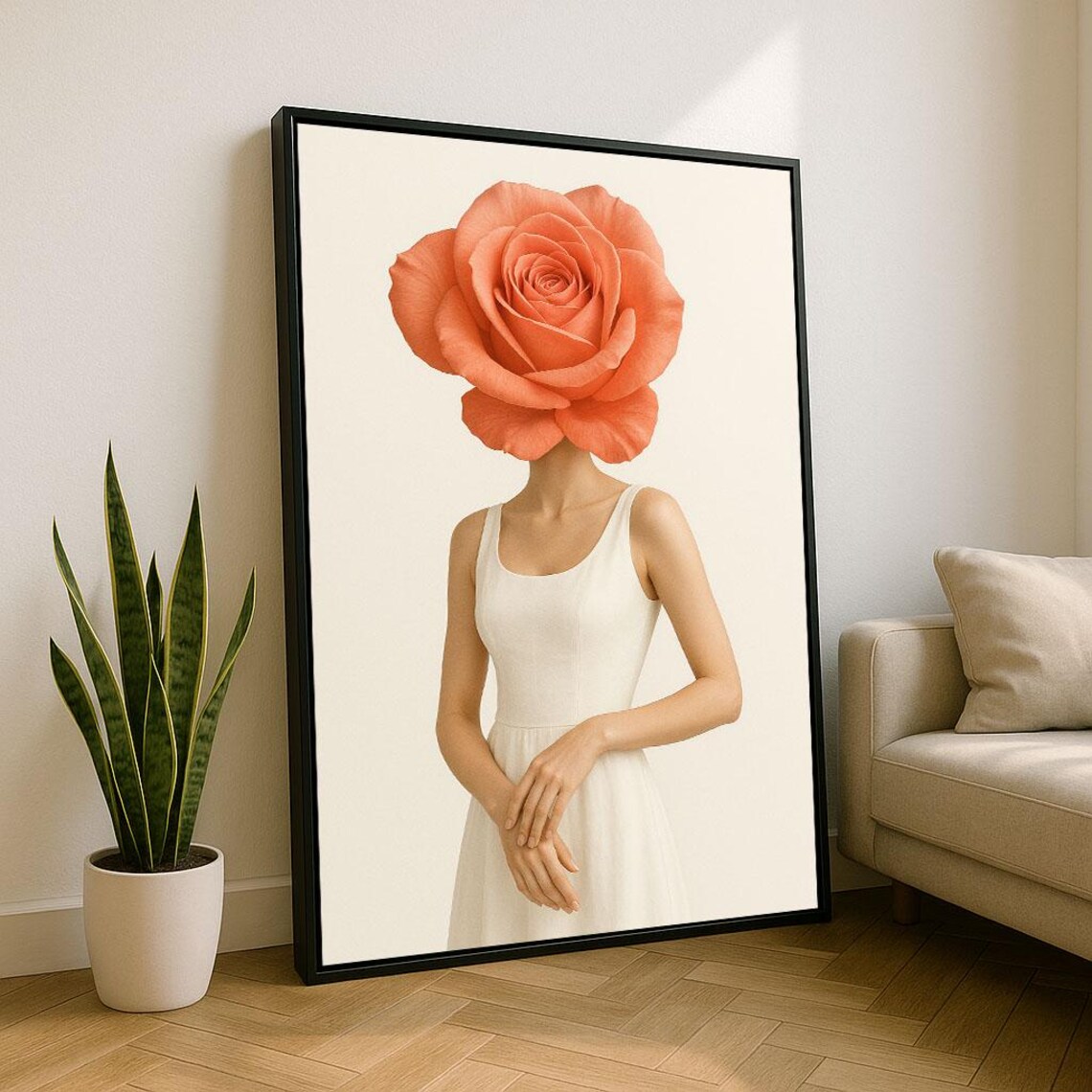 Surreal Roseheaded Woman Canvas Wall Art Print Minimalist Living Room Decor Statement Piece
