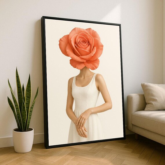 Surreal Roseheaded Woman Canvas Wall Art Print Minimalist Living Room Decor Statement Piece
