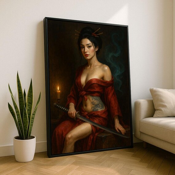 Elegant Samurai Woman Red Kimono Katana Candlelight Portrait Poster