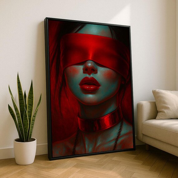 Red Blindfold Woman Moody Glamorous Cinematic Portrait Art Poster