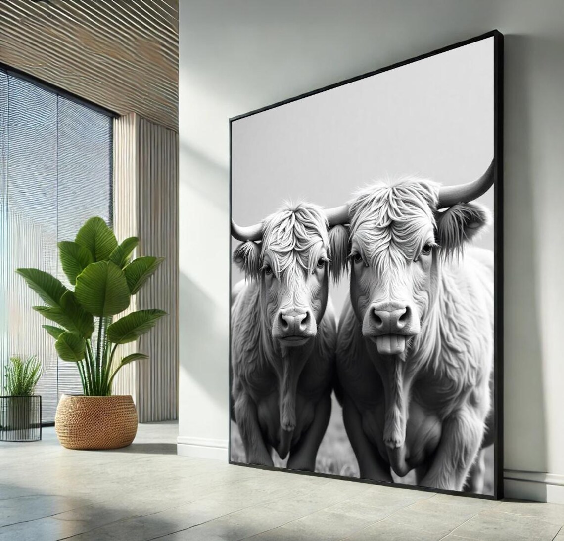 Highland Cow Duo Black And White Funny Cheeky Farm Portrait Poster