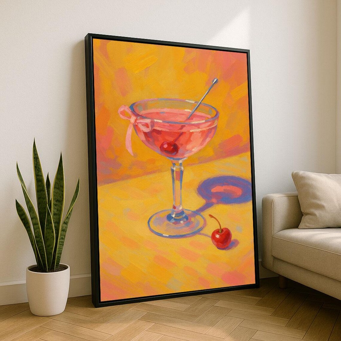 Pink Cocktail Coupe Cherry Yellow Vibrant Bar Cart Party Poster