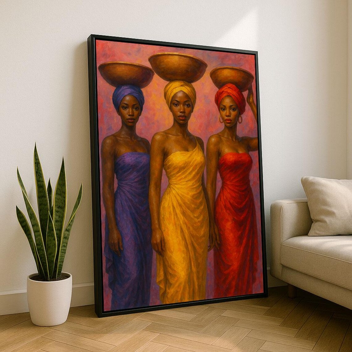 Three African Women Carrying Bowls Vibrant Traditional Art Poster