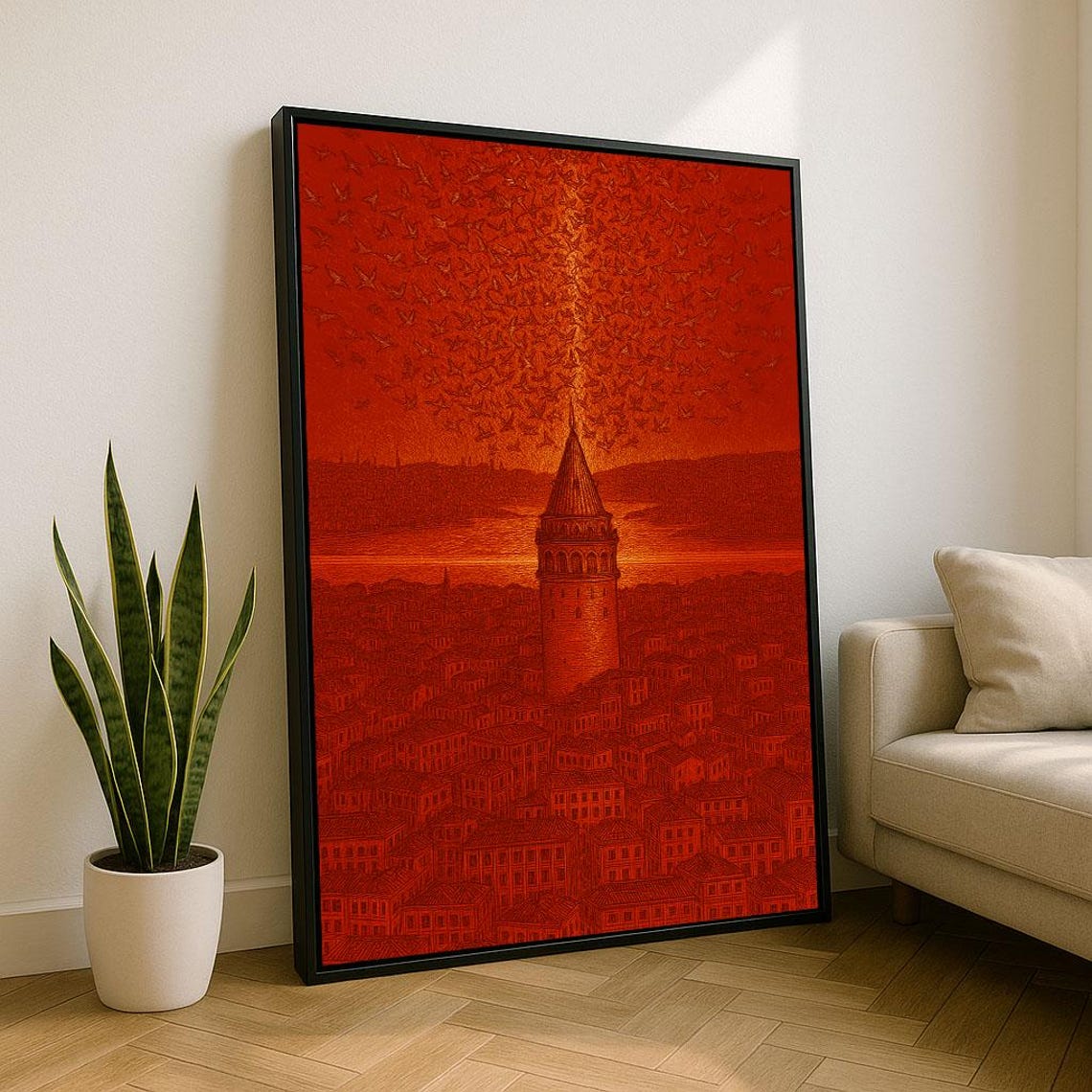 Dramatic Red Istanbul Galata Tower Cityscape Bird Sky Poster