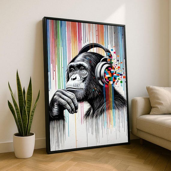 Modern Monkey With Headphones Canvas Wall Art Print Colorful Living Room Decor Statement Piece