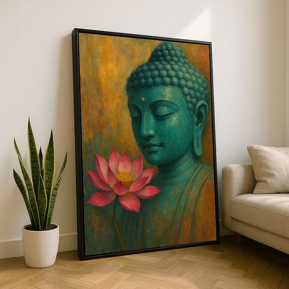 Jade Green Buddha Face with Pink Lotus Flower Warm Golden Glow Art Poster