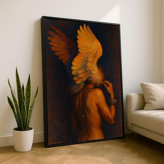 Radiant Angelic Figure With Golden Wings From Behind Art Poster