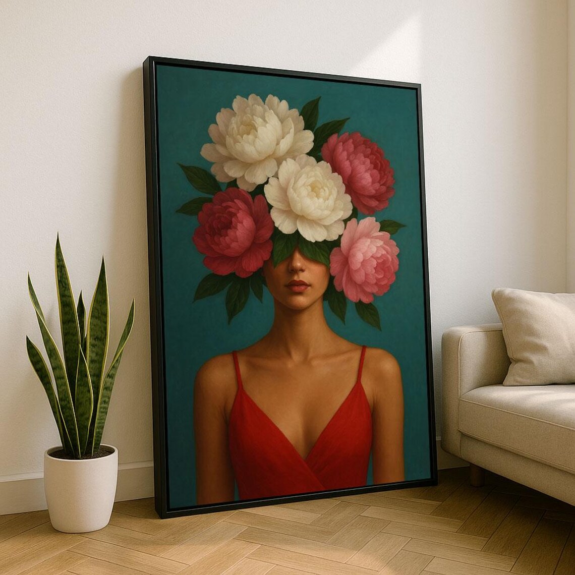 Woman With Peonies Over Face Red Dress Teal Floral Art Portrait Poster