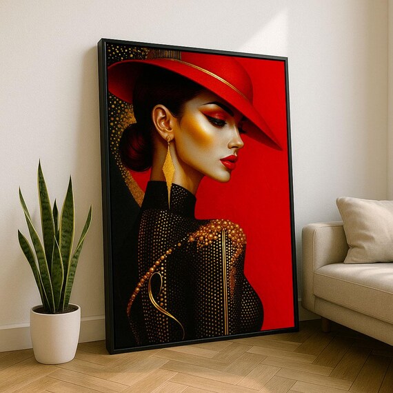 Elegant Woman in Red Hat Gold Jewelry Art Deco Glamour Portrait Poster
