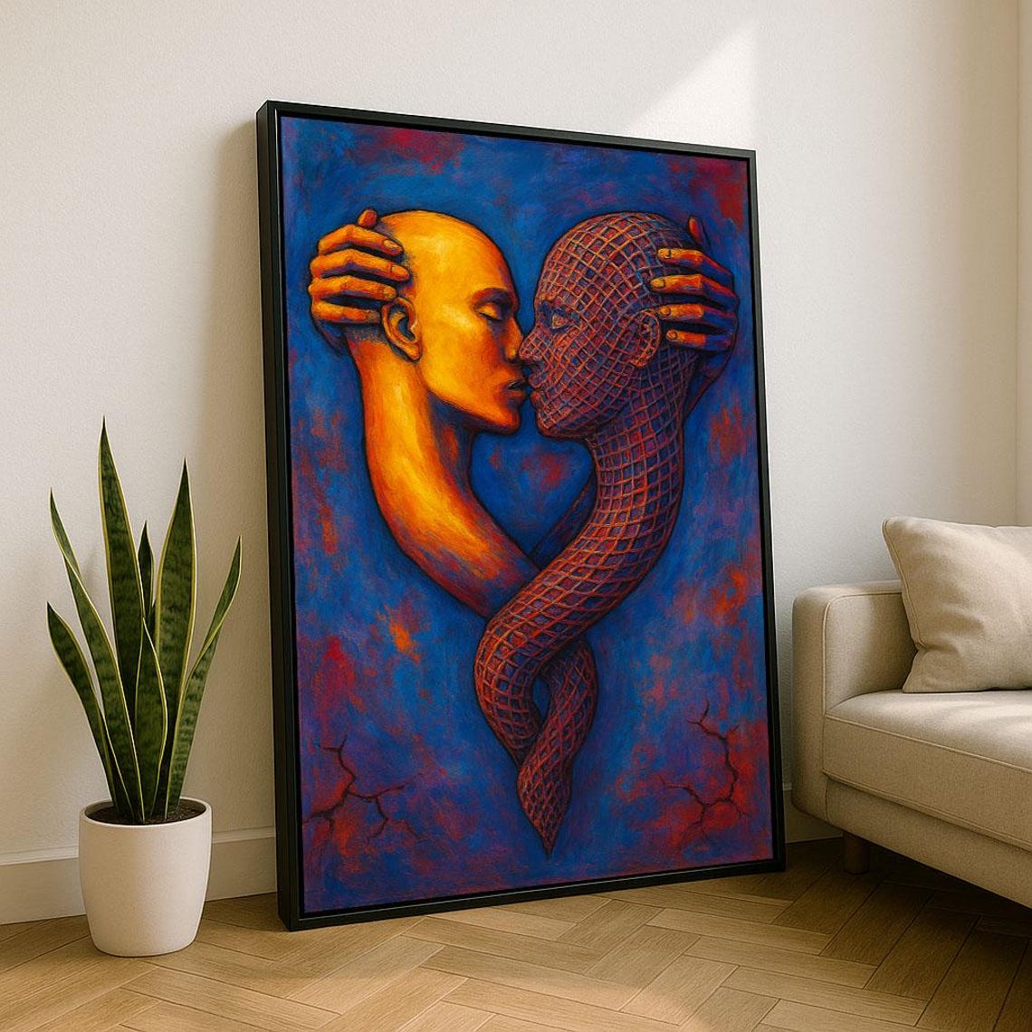 Surreal Entwined Embrace Abstract Faces Blue Orange Art Poster