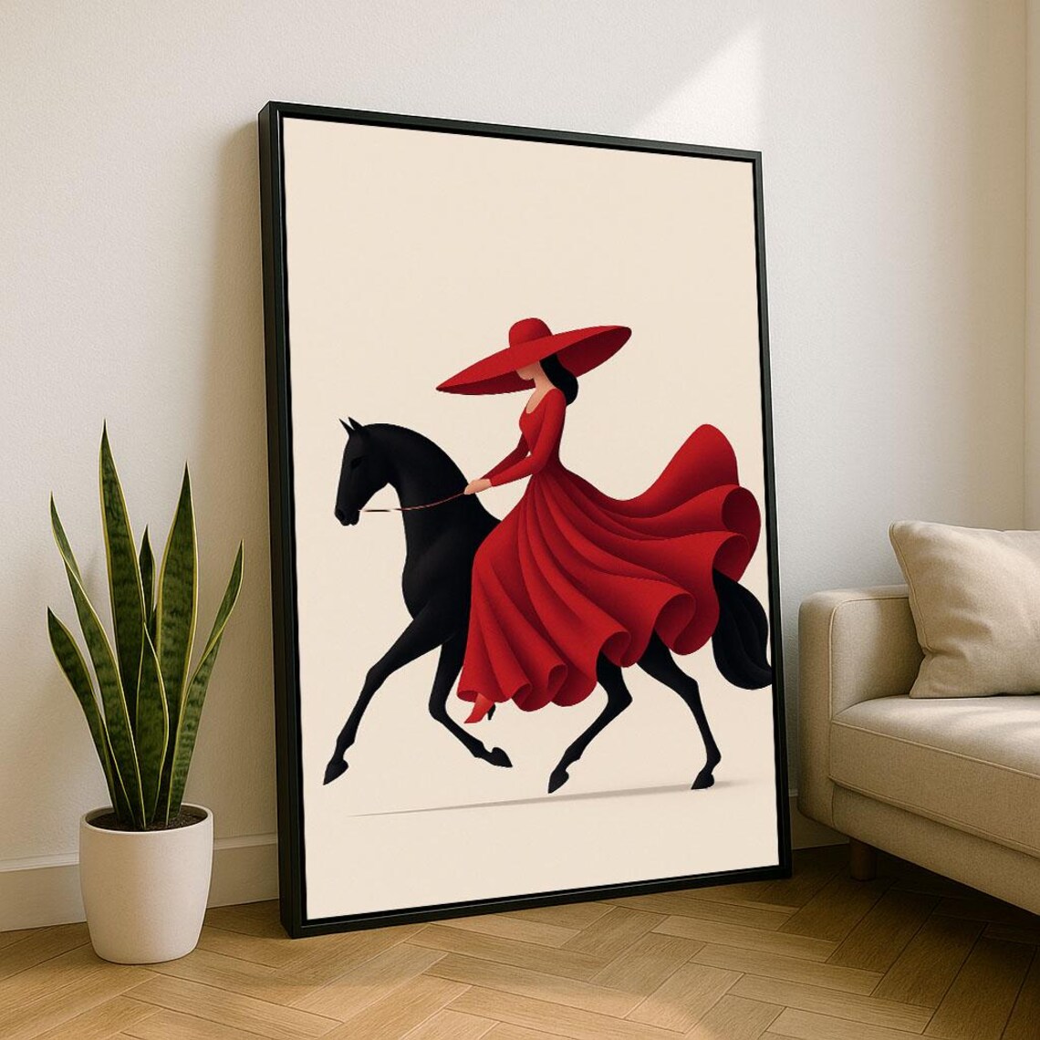 Lady In Red Gown Riding Black Horse Classic Equestrian Art Poster