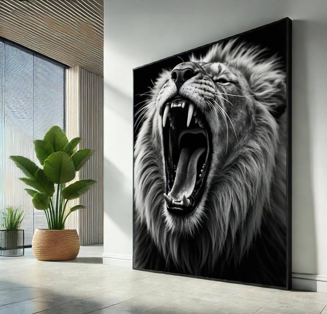 Roaring Lion Canvas Wall Art Print Black White Bold Animal Poster Powerful Jungle Home Decor Gift For Unique Lovers