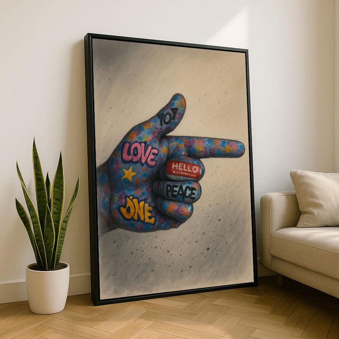 Tattooed Hand Pointing With Love Peace One Graffiti Words Poster