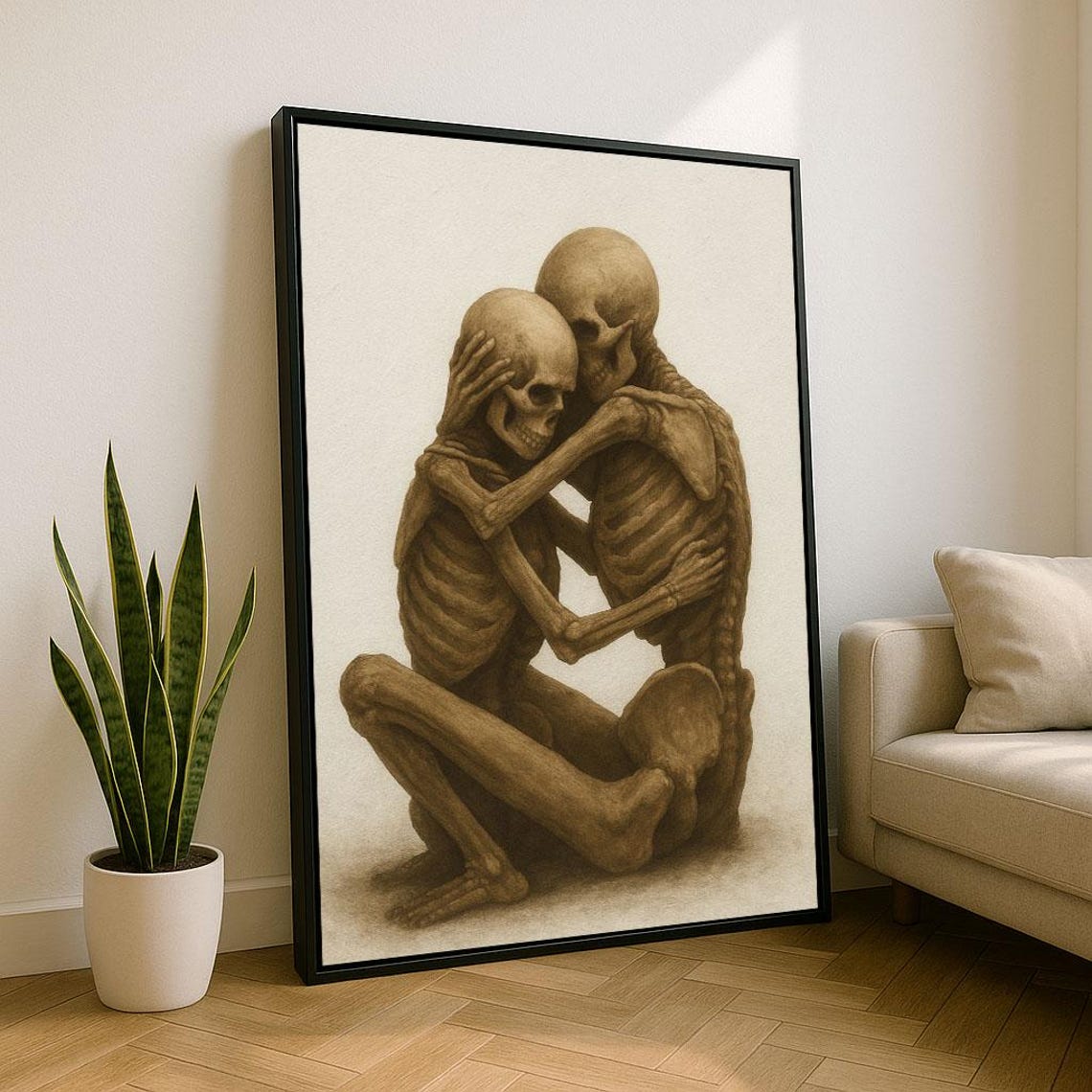 Two Embracing Skeletons Love Beyond Death Sepia Toned Art Poster