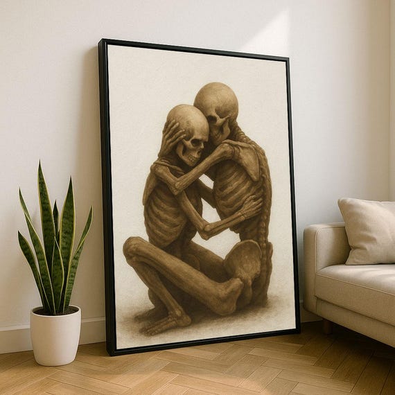 Two Embracing Skeletons Love Beyond Death Sepia Toned Art Poster